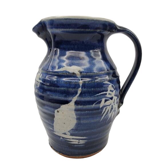 Blue White Stoneware Pitcher Pottery Jug Handmade Signed Bamboo Ewer 8" - Picture 7 of 9